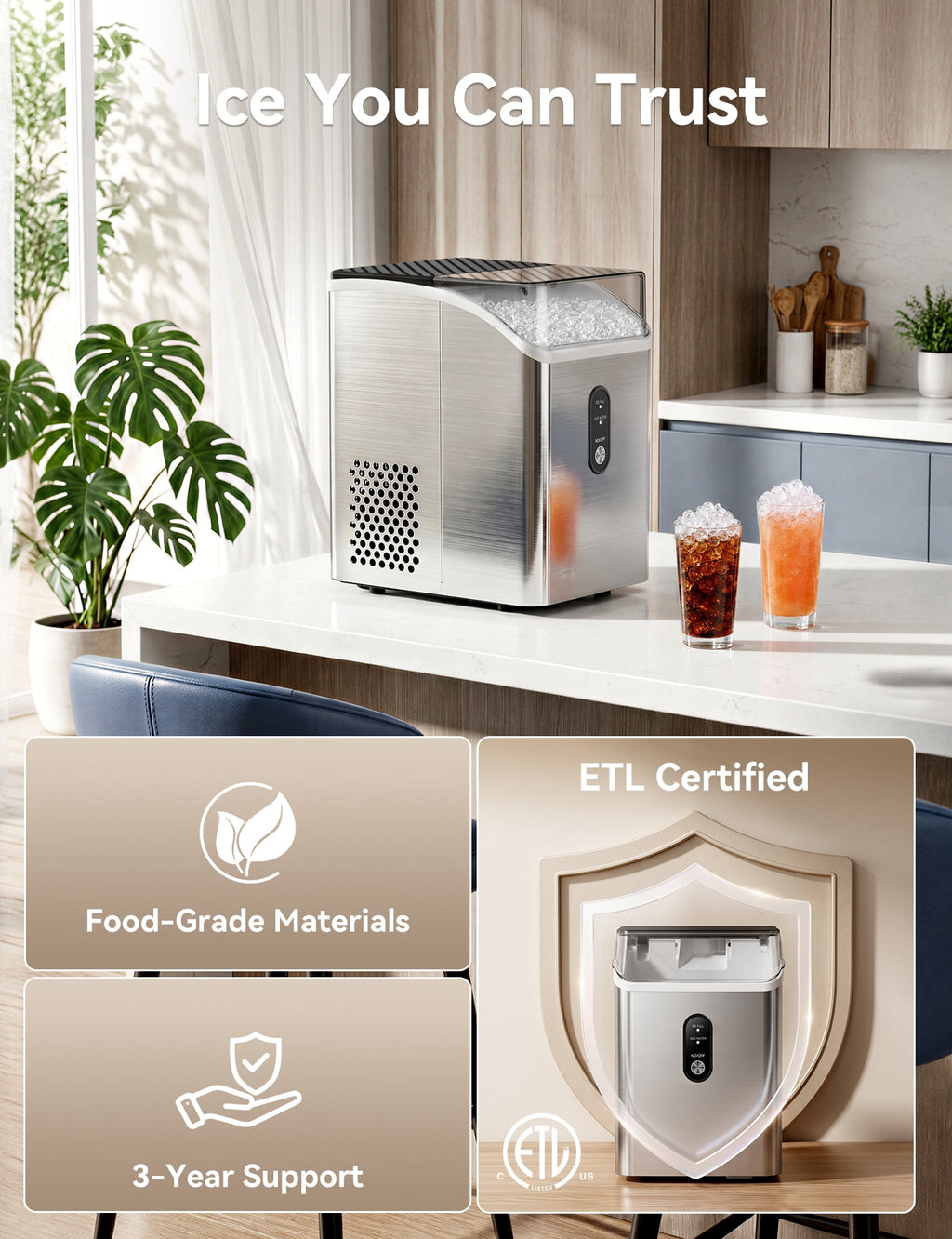 Goosiay Countertop Nugget Ice Maker, 33lbs Per Day Portable Ice Machine with Soft Chewable Pellet Ice, Stainless Steel, Silver