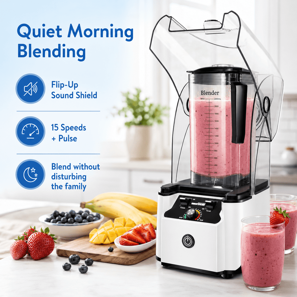 WantJoin Blender-Commercial Blender with Soundproof Shield, Enclosure 2200W ,Quiet Professional-Grade Power,Self-Cleaning,Gray