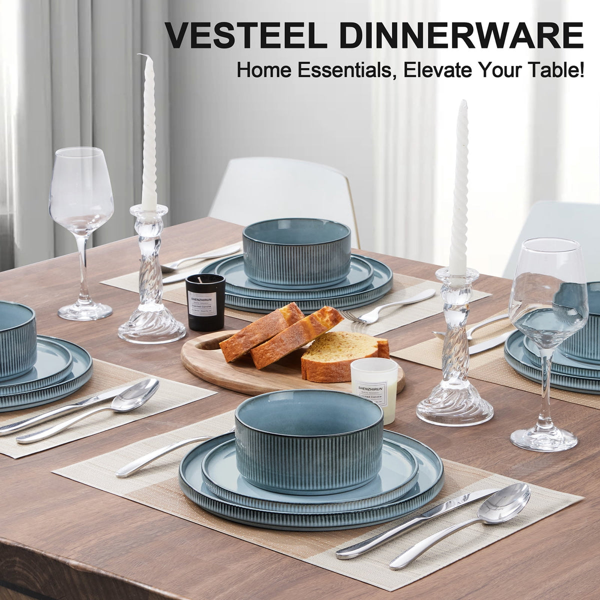 Vesteel 12 Pieces Dinnerware Set for 4, Premium Stoneware Ribbed Dishes, Chip & Scratch Resistant Plates and Bowls Set for Home Restaurant, Microwave and Dishwasher Safe - Speckled White