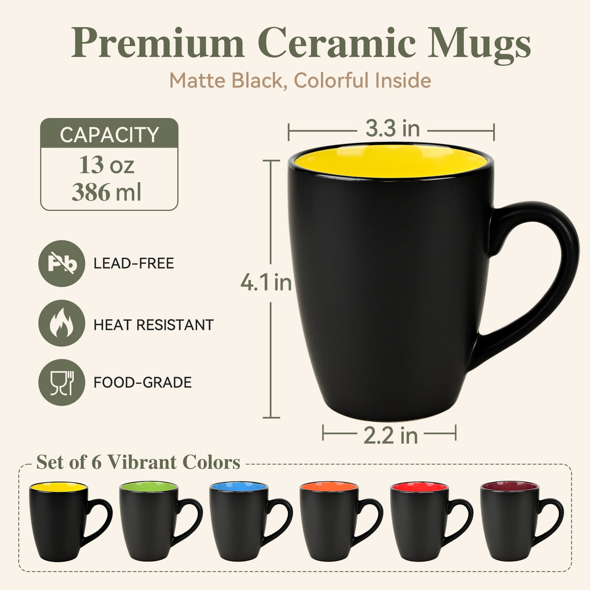 TINANA 12 oz Ceramic Coffee Mugs Set of 6, Matte Black Coffee Cups with Colorful Interior, Tea Mugs for Home Office, Microwave and Dishwasher Safe
