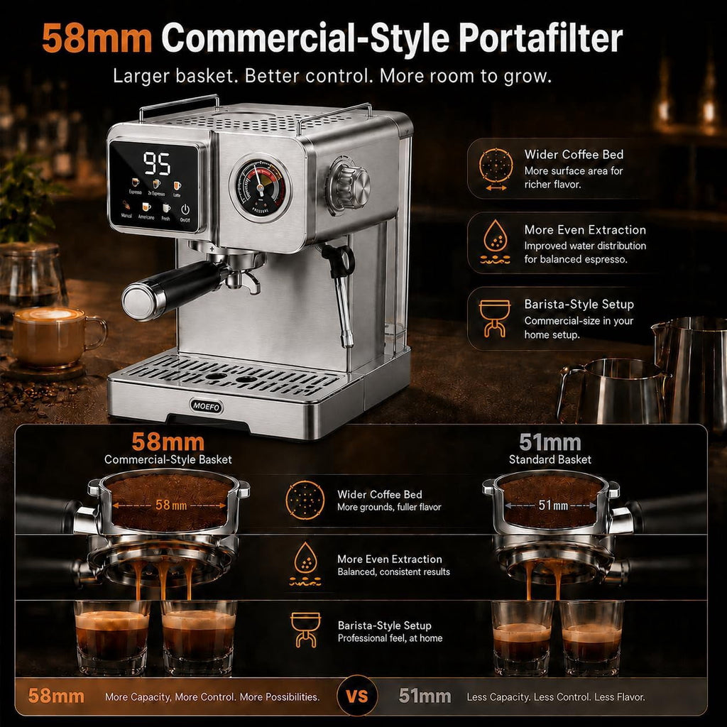 MOEFO 58mm Espresso Machine with Milk Frother, Semi Automatic Coffee Maker with Touchscreen LCD Display & Pressure Gauge, Stainless Steel Espresso Maker for Latte, Cappuccino and Americano, Silver