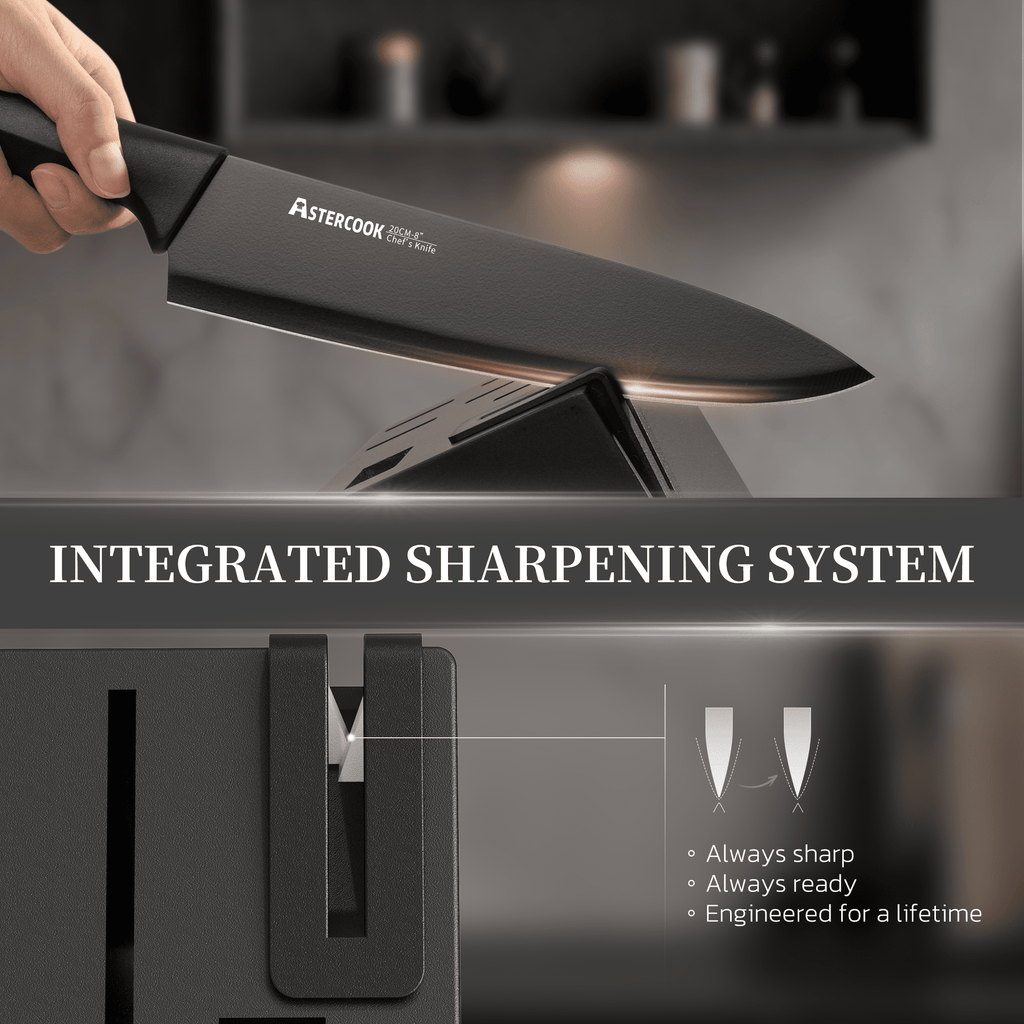 Astercook 15-Piece Kitchen Knife Set, Knives Block Set with Built-in Sharpener, Healthy Anti-Rust Coating & German Stainless Steel Knife Set, Dishwasher Safe Black