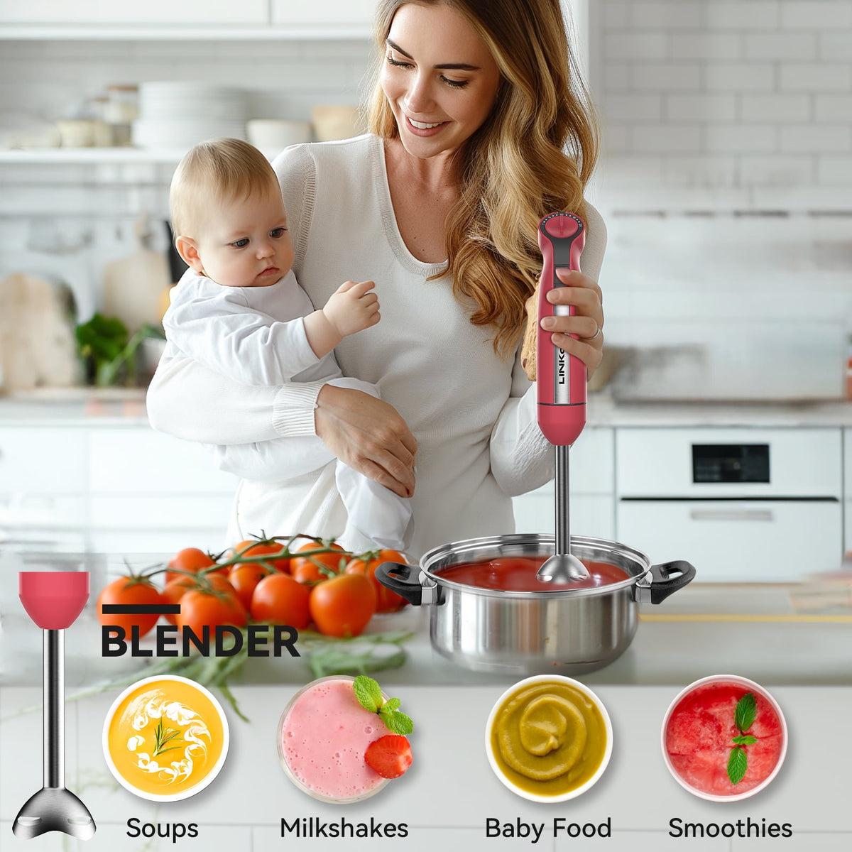 LINKChef Immersion Blender, 1000W 20-Speed 5-in-1 Hand Blender with Turbo Mode, Scratch-Resistant Stick Blender for Baby Food, Ice & Smoothie(Black)