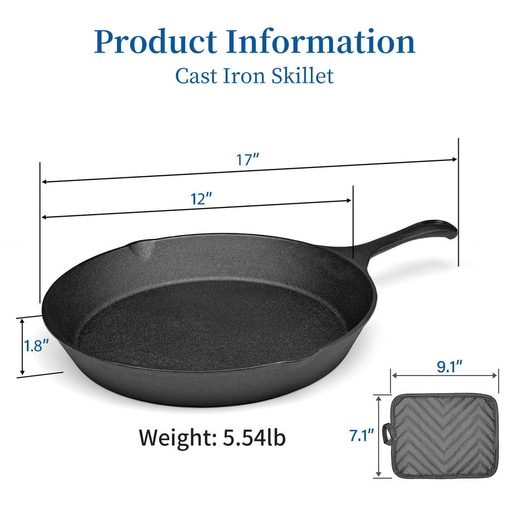 TINANA 12 inch Pre-Seasoned Cast Iron Skillet with Handle and Dual-Use Insulating Pad