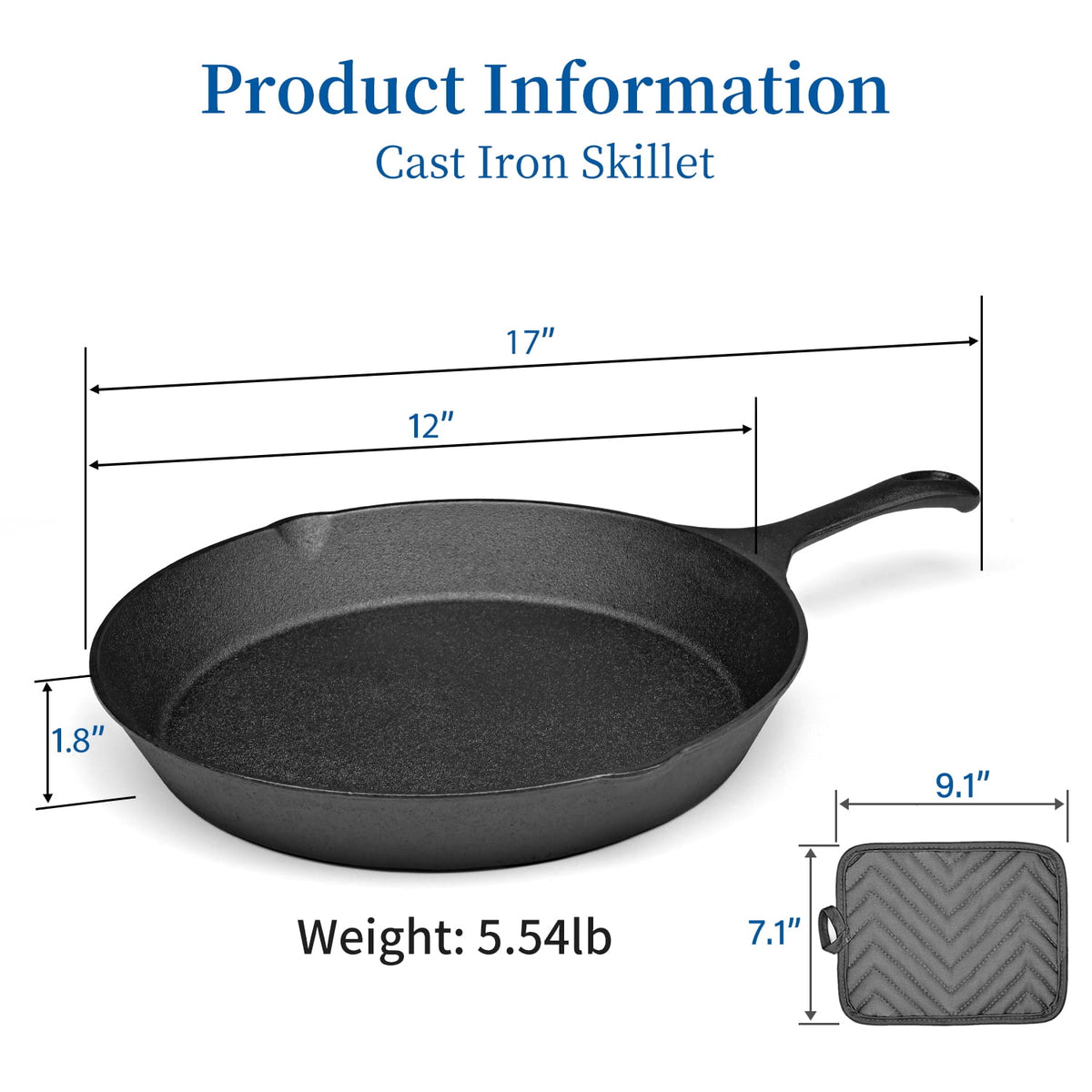 TINANA 12 inch Pre-Seasoned Cast Iron Skillet with Handle and Dual-Use Insulating Pad