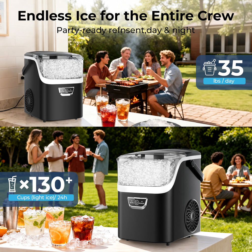 Snowyermine Nugget Ice Maker Countertop with Handle, 35lbs/Day Portable Pebble Ice Machine, Chewable Sonic Ice Ready in 5 Mins, Anti-Fingerprint Matte Self-Cleaning Ice Maker for Home, Kitchen, Party