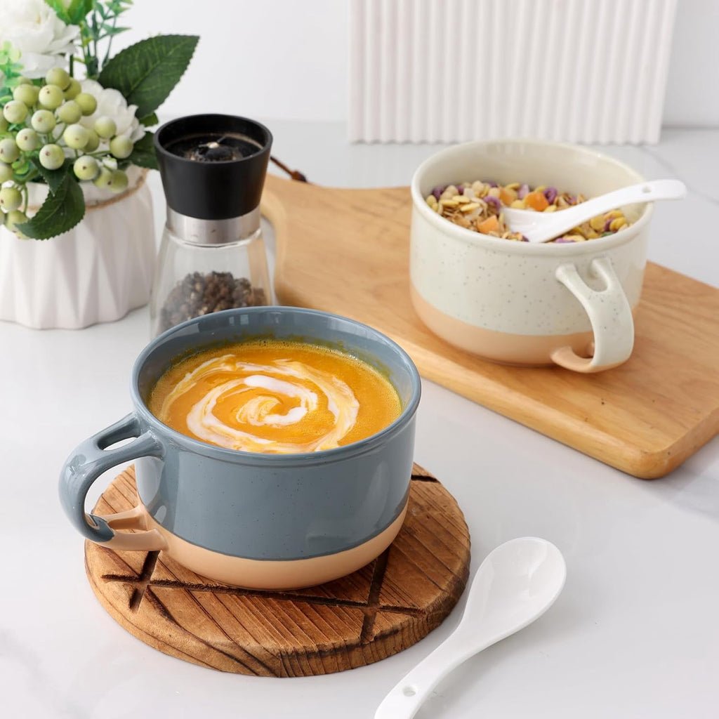 AmorArc Ceramic Soup Mugs with Handles and Lids,24 OZ Soup Cups Set of 2 with Terracotta Underside,Mug Bowls with Spoon for Soup/Cereal/Salad/Noodles/Ramen/Microware &Dishwasher Safe-White &Peach
