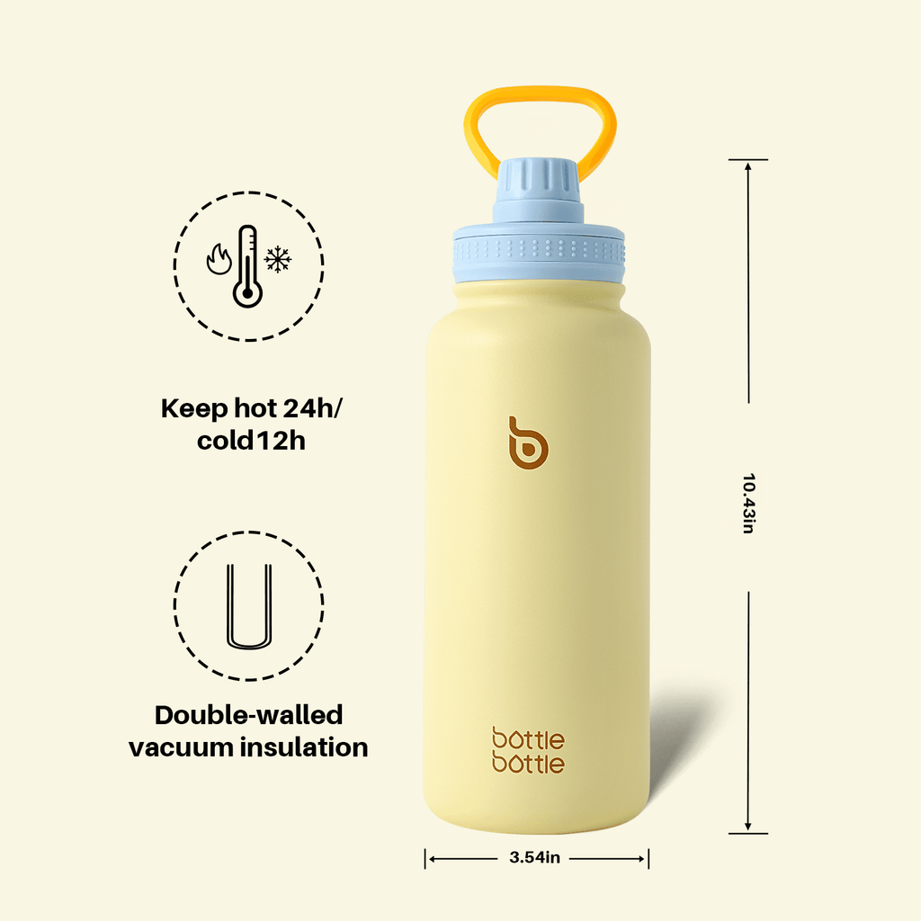 BOTTLE BOTTLE 32 oz Insulated Water Bottle Stainless Steel Water Bottle with Two Lids and Handle Double Walled BPA-Free Keeps Drinks Cold for 12 Hours and Hot for 24 Hours (ButterLatte)