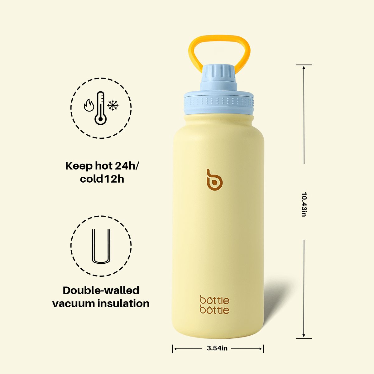 BOTTLE BOTTLE 32 oz Insulated Water Bottle Stainless Steel Water Bottle with Two Lids and Handle Double Walled BPA-Free Keeps Drinks Cold for 12 Hours and Hot for 24 Hours (ButterLatte)