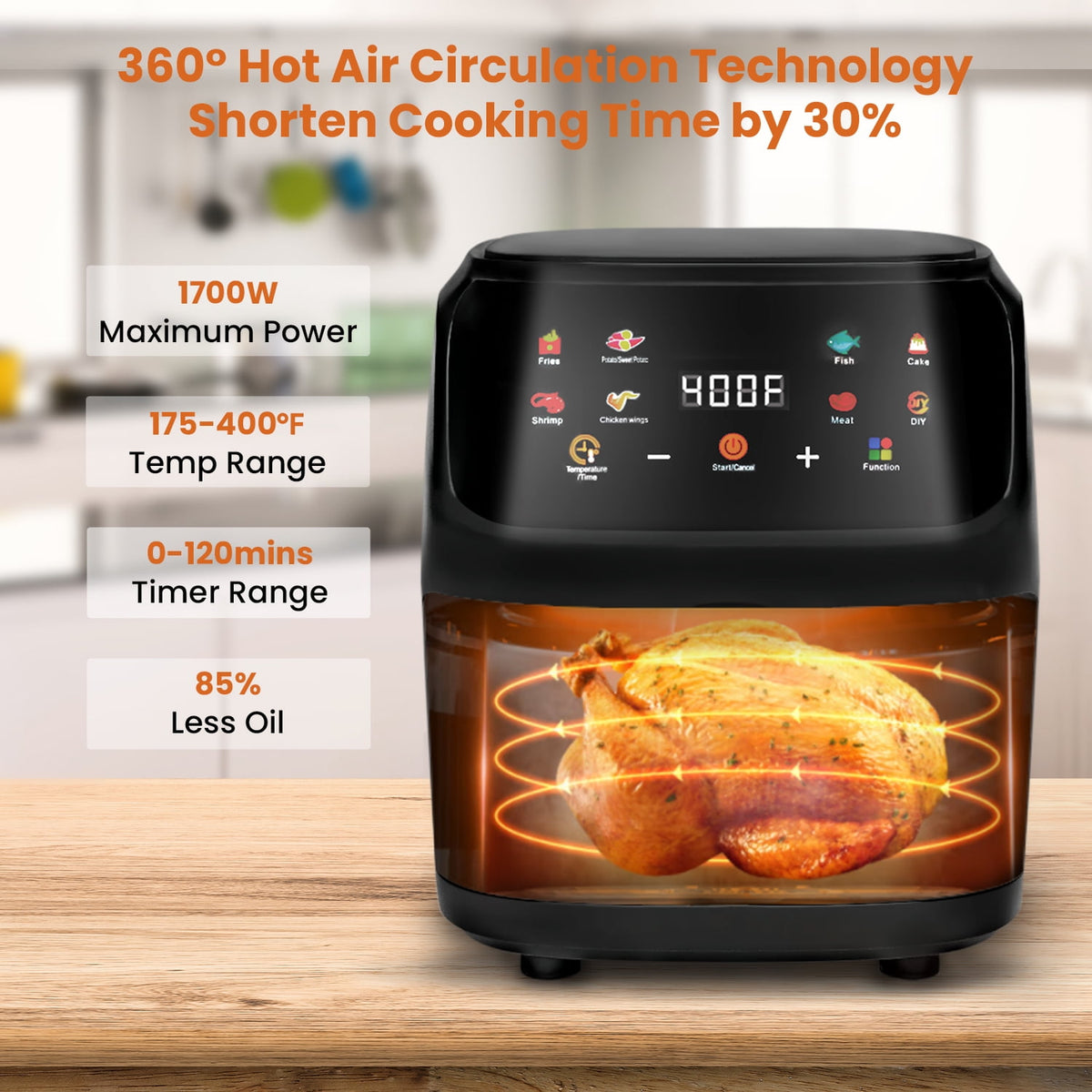 Bluebow Air Fryer Large 7.5QT, 8-in-1 Digital Touchscreen, Visible Cooking Window, 1700W, Cream White