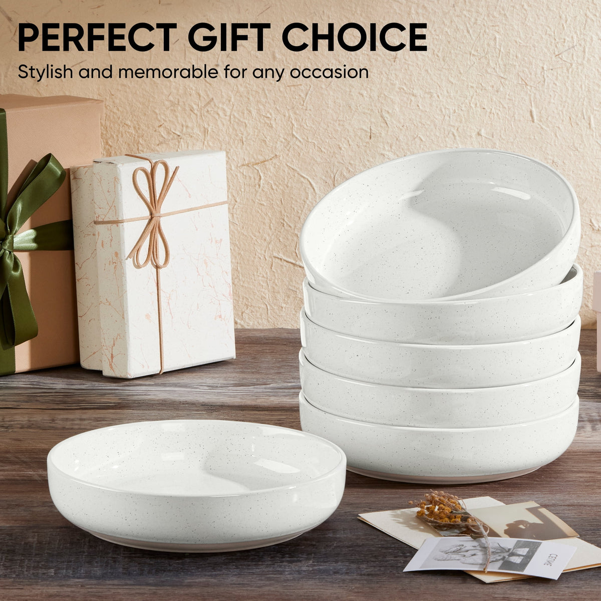 Vesteel Pasta Bowls Set of 6, 32oz Large Salad Bowl for Home Kitchen, Ceramic Serving Plates for Soup, Cereal, Fruits, Microwave & Dishwasher Safe, Speckled White