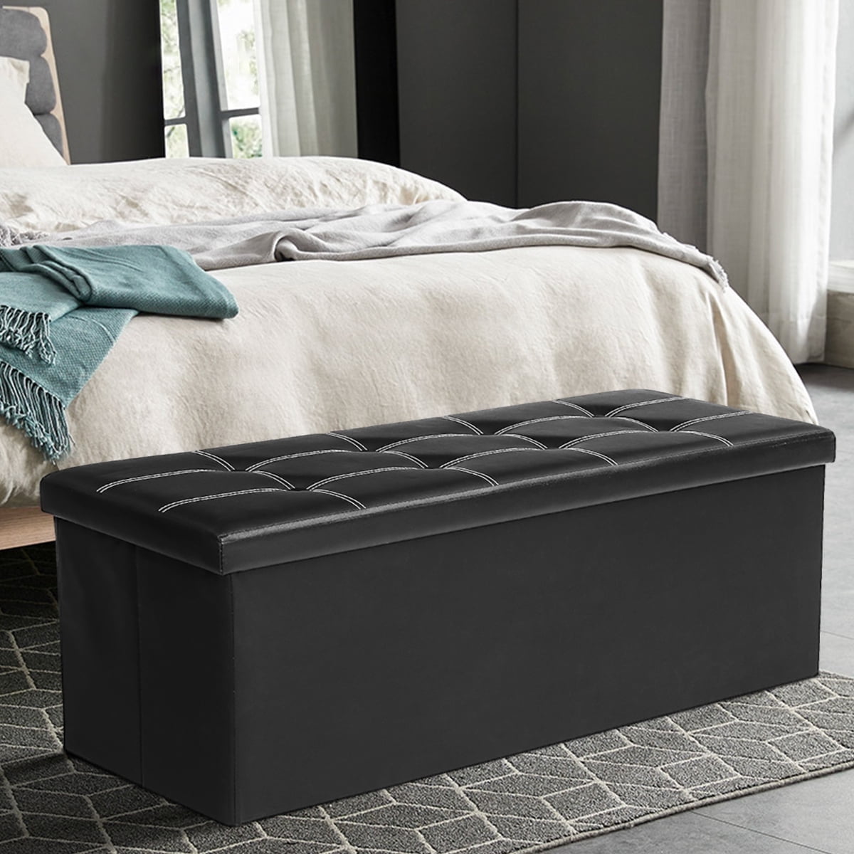 43" Ottoman with Storage Bench for Bedroom, Long End of Bed Seat with Storage Ottoman Bench, Large Folding Faux Leather Footrest Toy Chest for Living Room, Brown