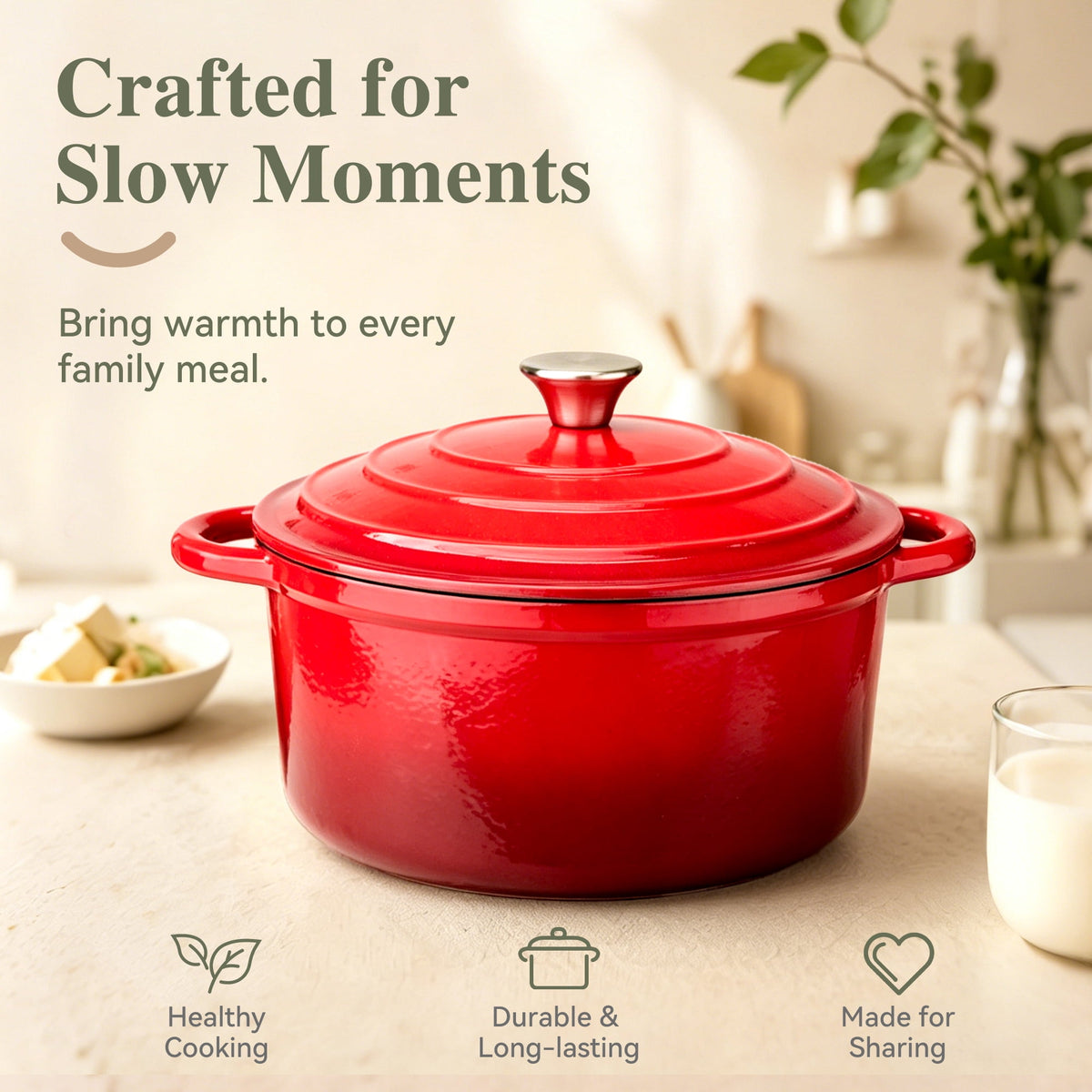 TINANA Enameled Cast Iron Dutch Oven, 5.5QT Pot with Lid and Cotton Potholders, Heavy-Duty Cookware for Braising, Stews, Roasting, Red
