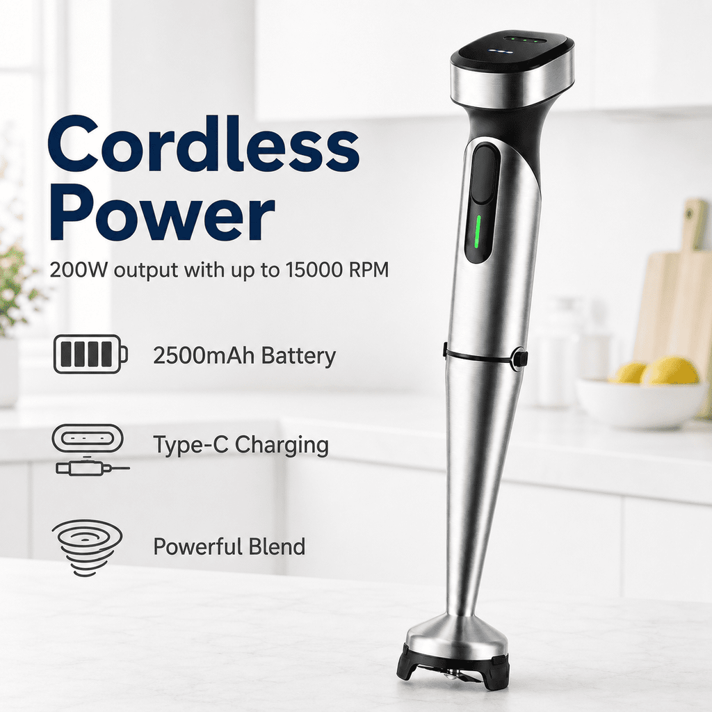 Cordless Immersion Blender, Rechargeable Hand Blender with Type-C Charging, 200W Portable Stick Mixer for Smoothies, Soups, Sauces, Puree and Baby Food