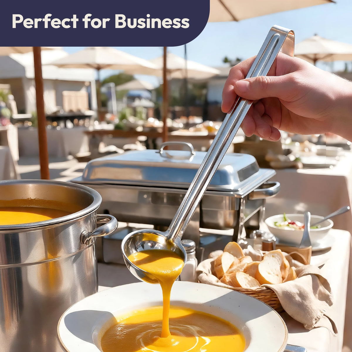 [2 Pack] 6 Oz Stainless Steel Soup Ladle - One-Piece Sauce Spatula with Hook Handles, Commercial Grade Serving Spoon, Kitchen Tool for Restaurant or Home Cooking, Mirror Finish, 14.25" Long