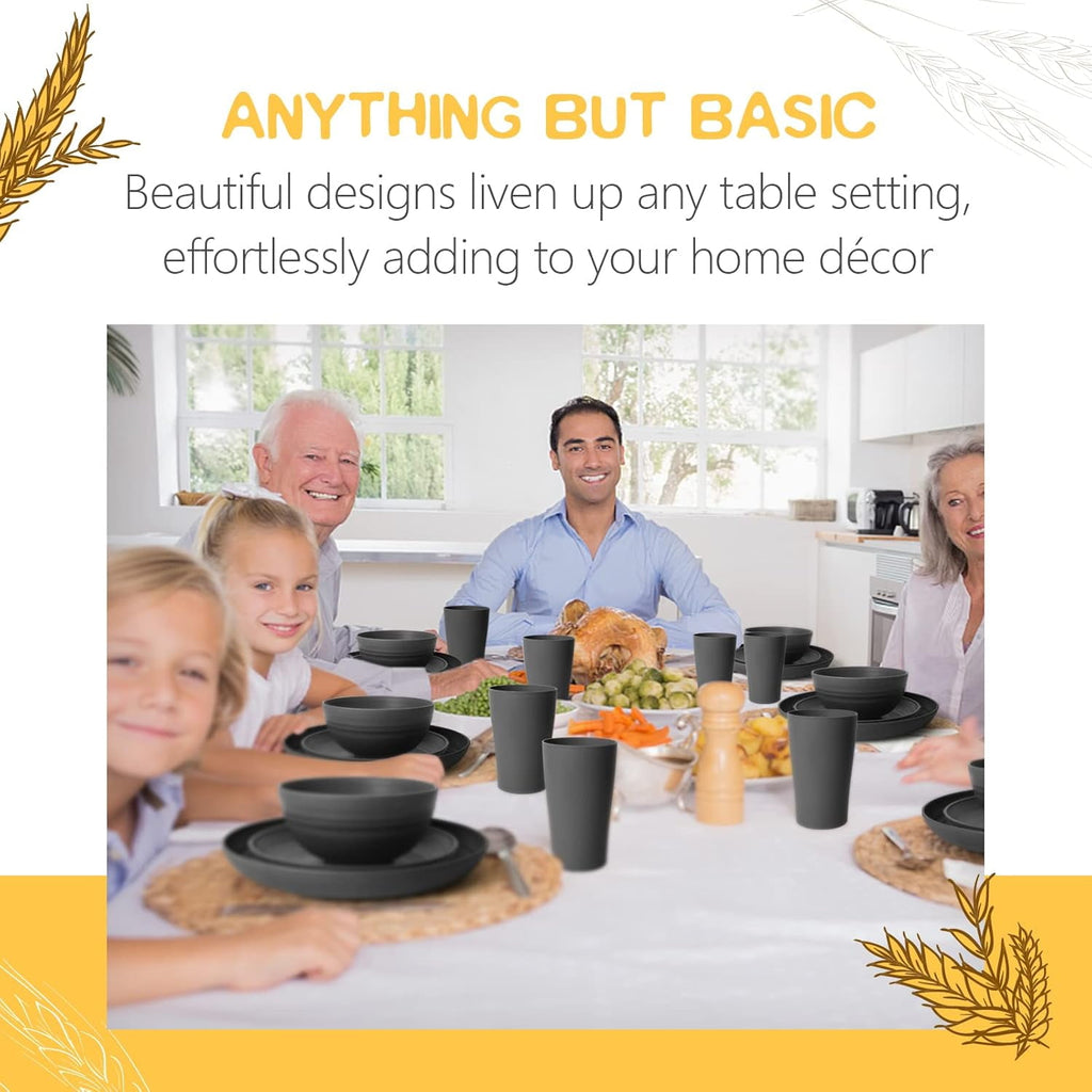 32-Piece Wheat Straw Dinnerware Set, Service for 8, Unbreakable Plates, Bowls & Cups, Eco-Friendly, Dishwasher Safe, , Apartments, Black