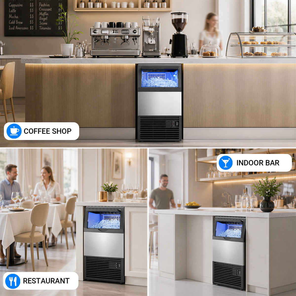 Ecojoy Commercial Ice Maker Machine, 150 Lbs/Day Stainless Steel Under Counter Ice Maker, 40Lbs Ice Storage Bin, Water Filter, 45 Cubes in 8-12 Mins