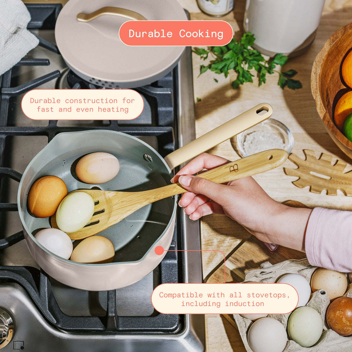 Beautiful 12-Piece Cookware Set, Pots and Pans with Strainer Lids and EverGood Ceramic Nonstick Coating, White Icing by Drew Barrymore