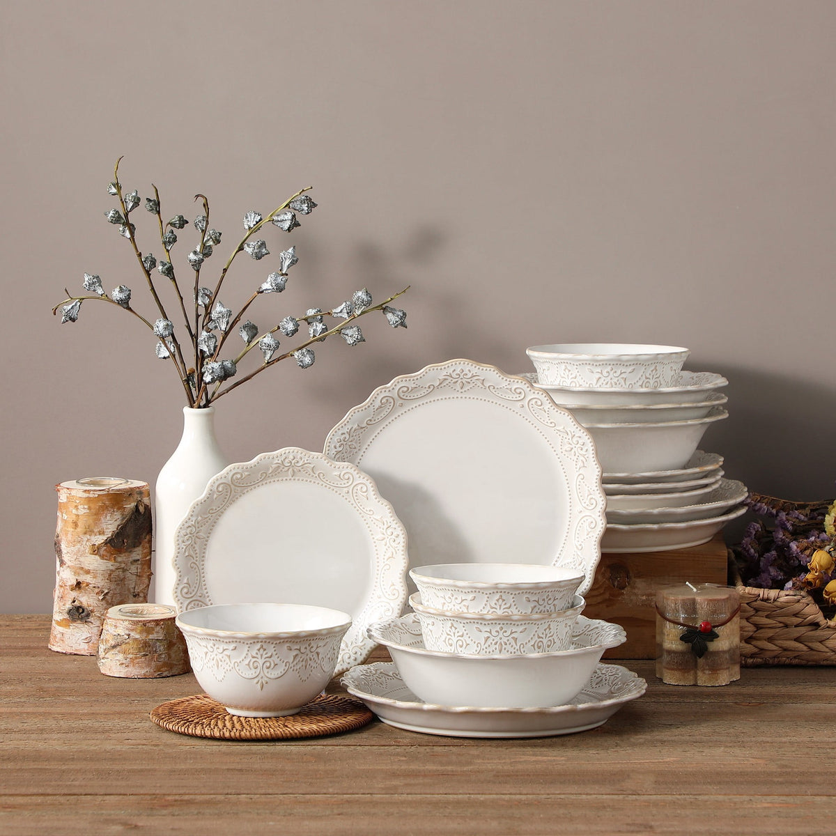vancasso 16 pcs Dinnerware Sets, Plates and Bowls Set for 4, Stoneware Dinner Set, Blue