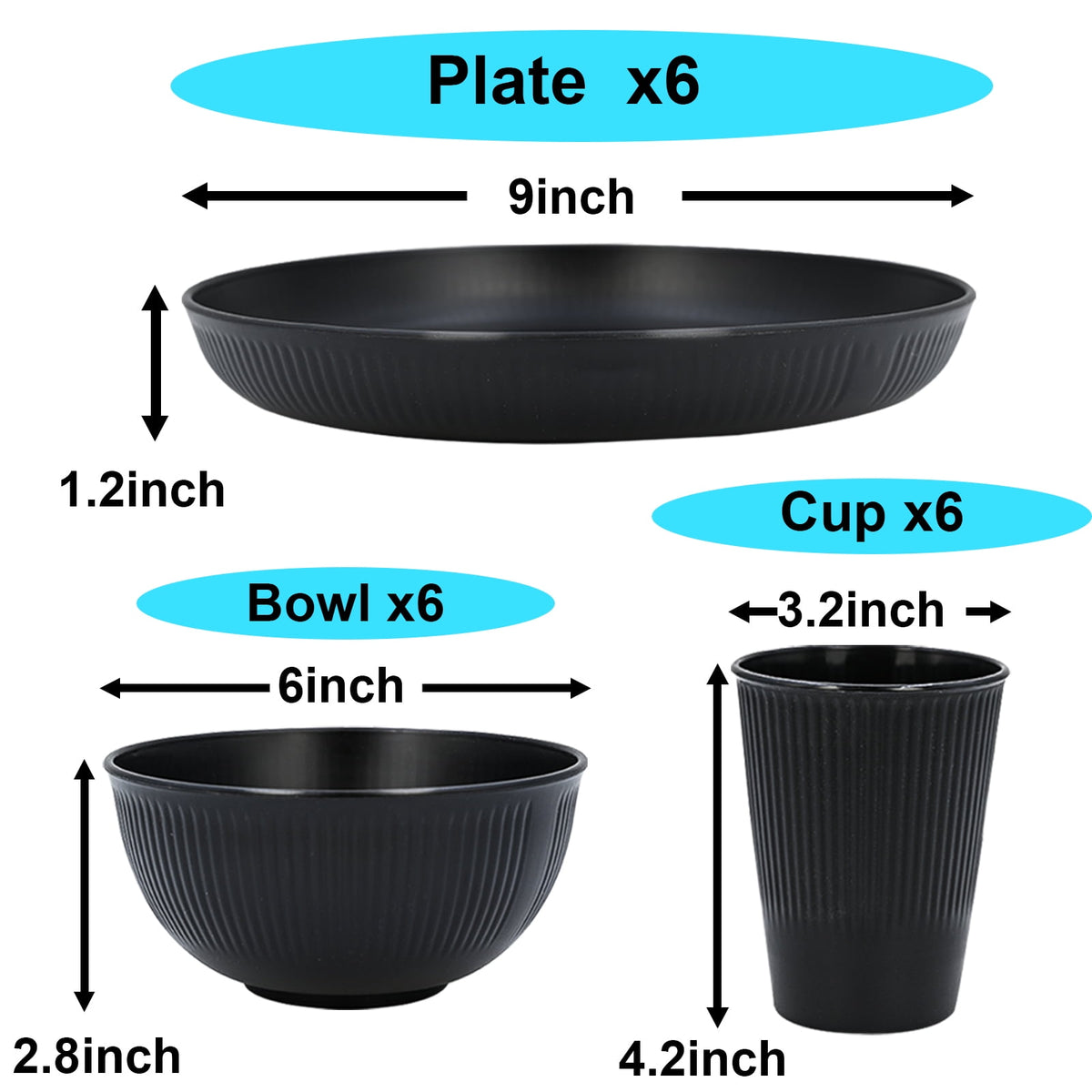 Soulgenix Wheat Straw Dinnerware Sets 18 Pcs, Dinnerware Sets for 6, Unbreakable Microwave Safe, Black