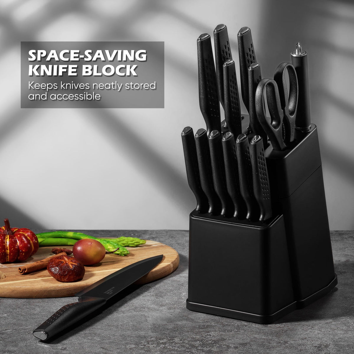 Vesteel Knife Block Set for Kitchen, 15-Piece High Carbon Stainless Steel Knives Set with Ergonomic Handle, Ultra-sharp & Rust Resistant, Walnut Brown