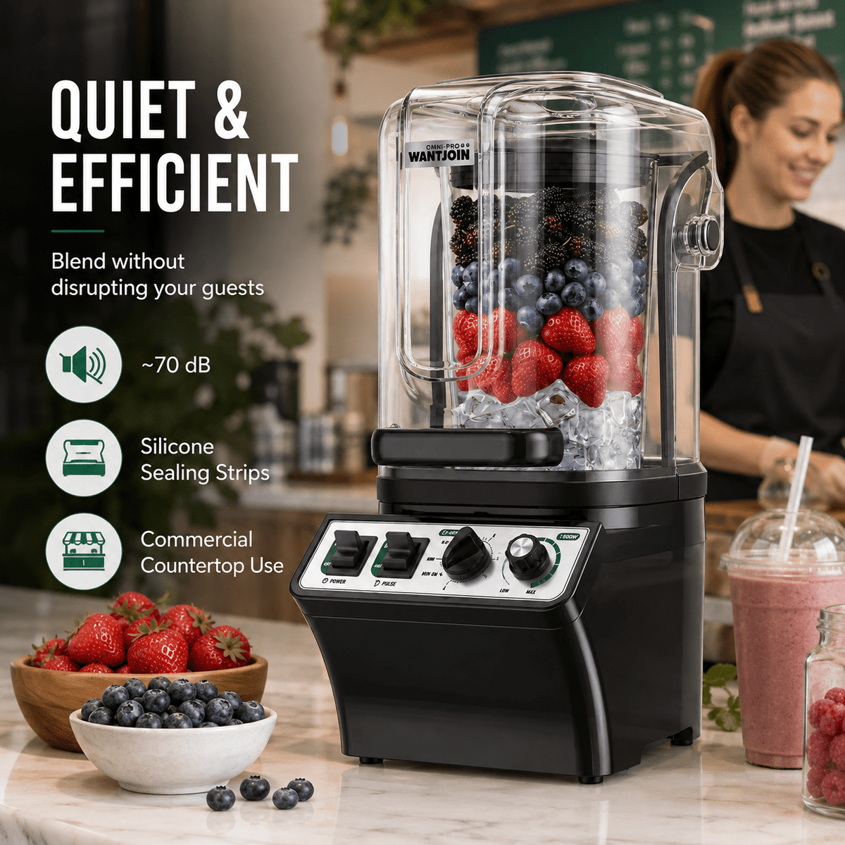 WantJoin Blender-Commercial Blender with Soundproof Shield, Enclosure 2200W ,Quiet Professional-Grade Power,Self-Cleaning,Gray