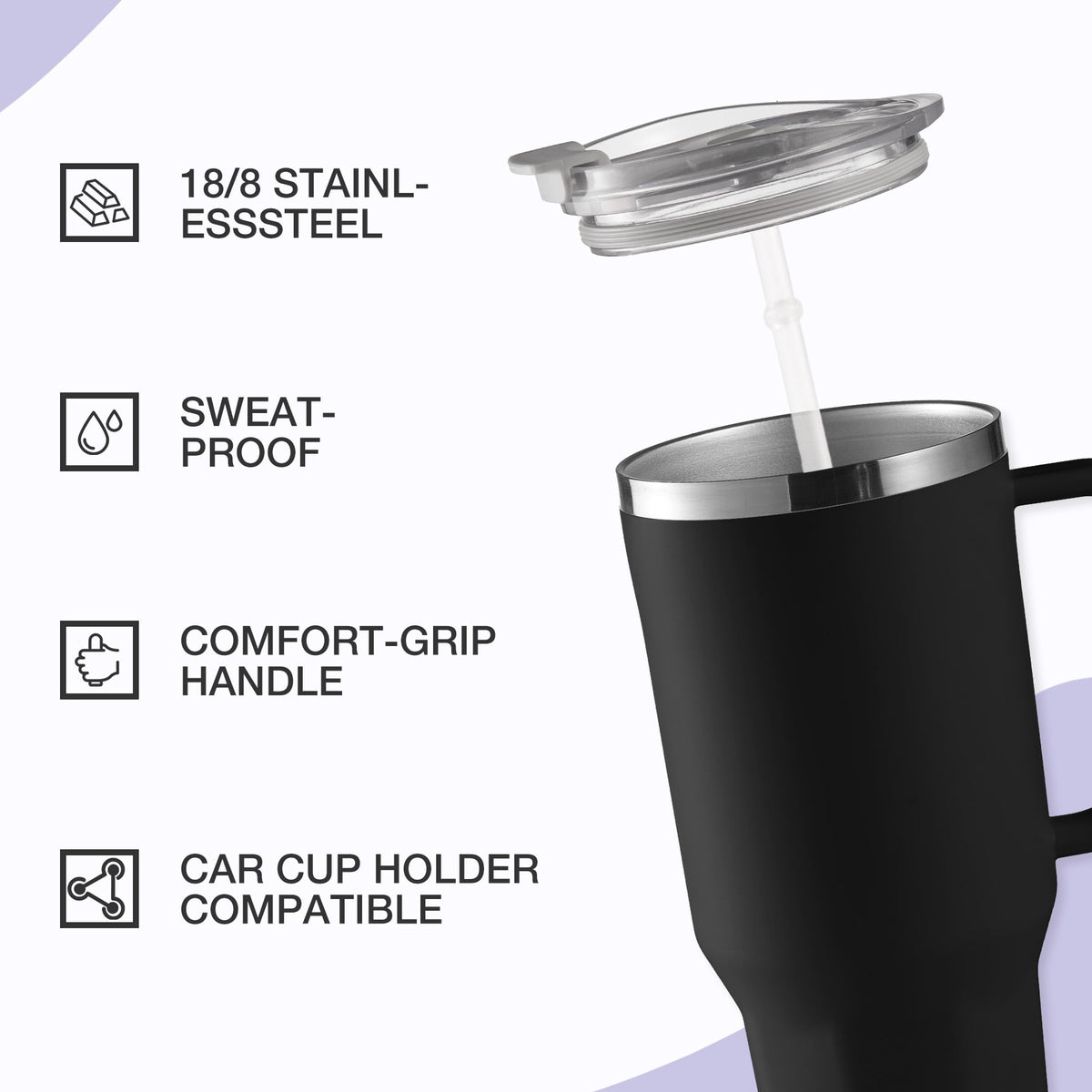HONGBAKE 40 oz Tumbler with Handle and Straw Lid, Insulated Stainless Steel Tumbler, Travel Mug Fits Cup Holder, Dusty Lavender