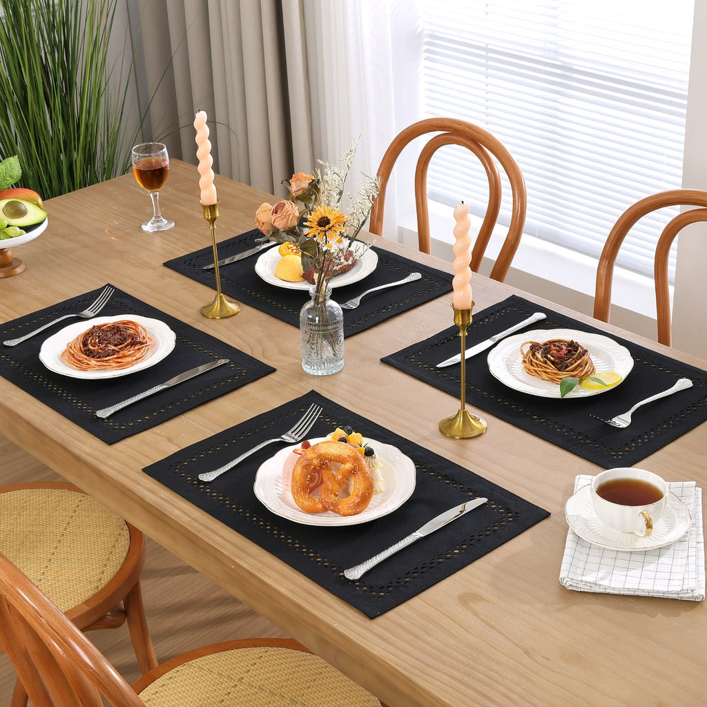 Placemats Set of 4, Yamaziot Double Layer Cloth Fabric Heat Resistant Place Mat, Washable Reversible Rectangle Dining Table Mats, Hollow Khaki, 12"x18"