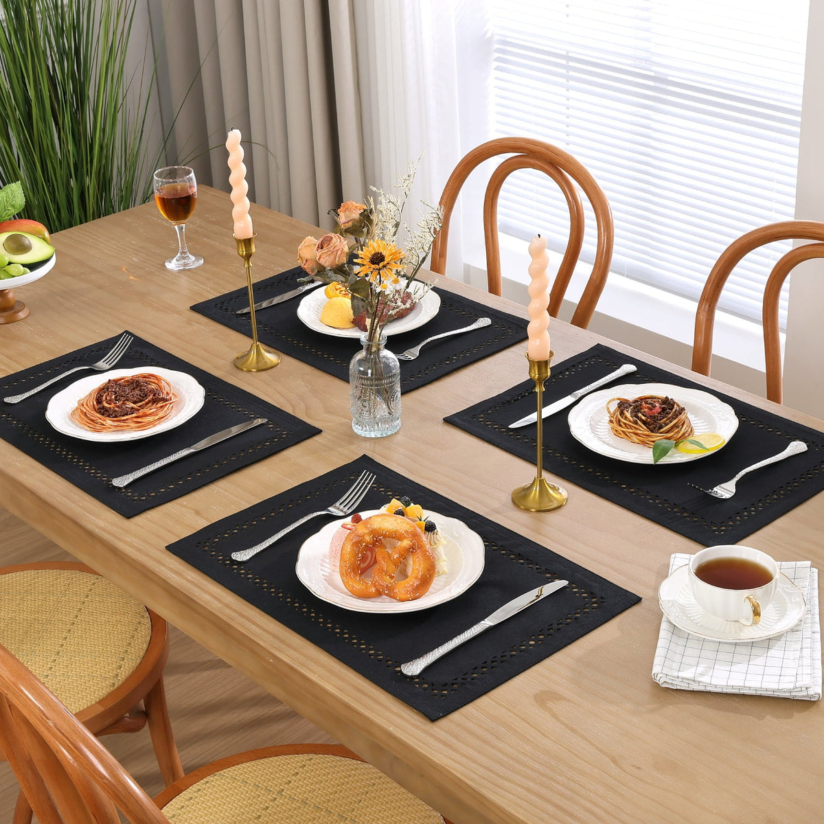 Placemats Set of 4, Yamaziot Double Layer Cloth Fabric Heat Resistant Place Mat, Washable Reversible Rectangle Dining Table Mats, Hollow Khaki, 12"x18"