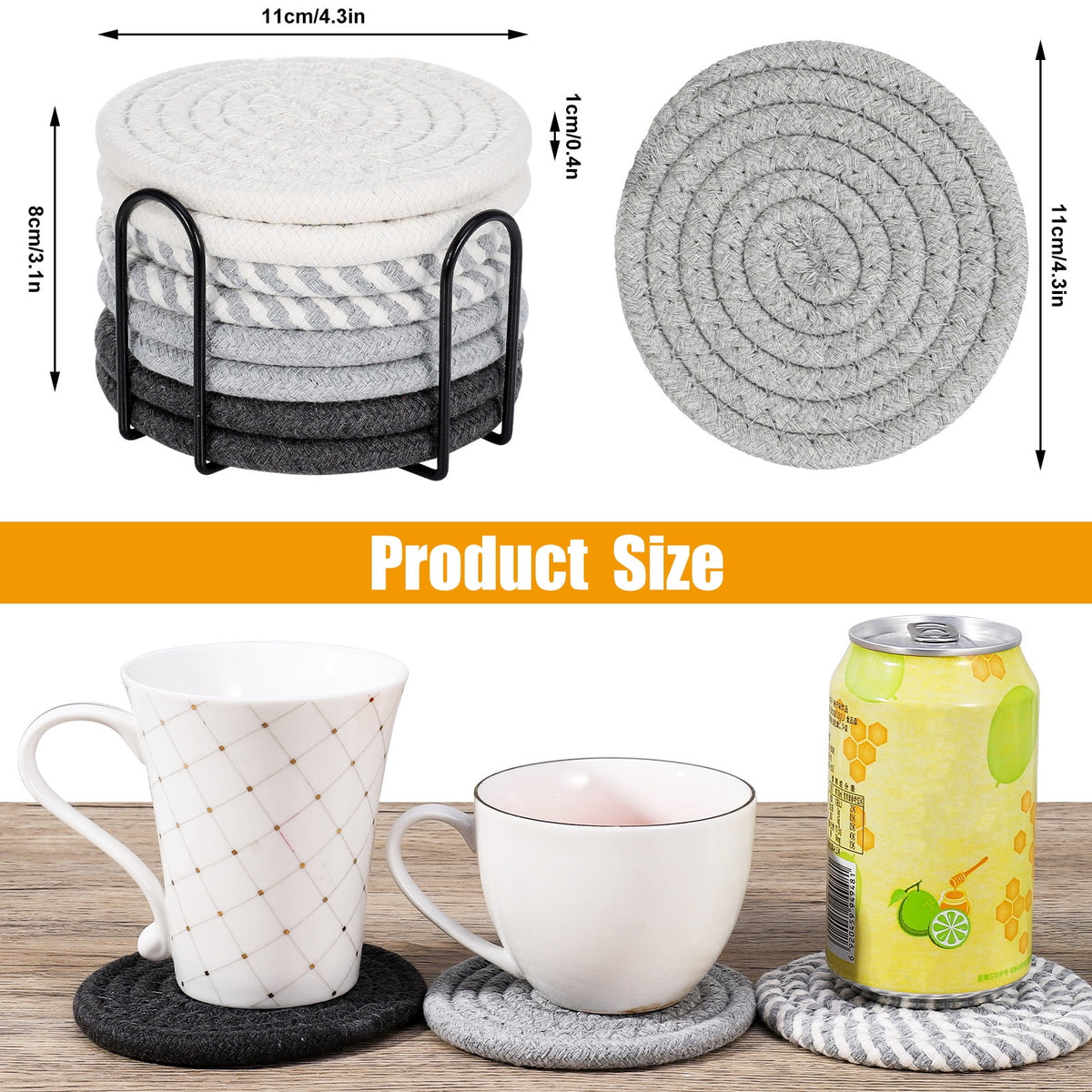 AOWOO 8 Pcs Drink Coasters with Holder, Cotton Woven Absorbent Coasters for Drinks, Minimalist Home Decor Coaster Set for Wooden Tabletop Protection Table(Color 1)