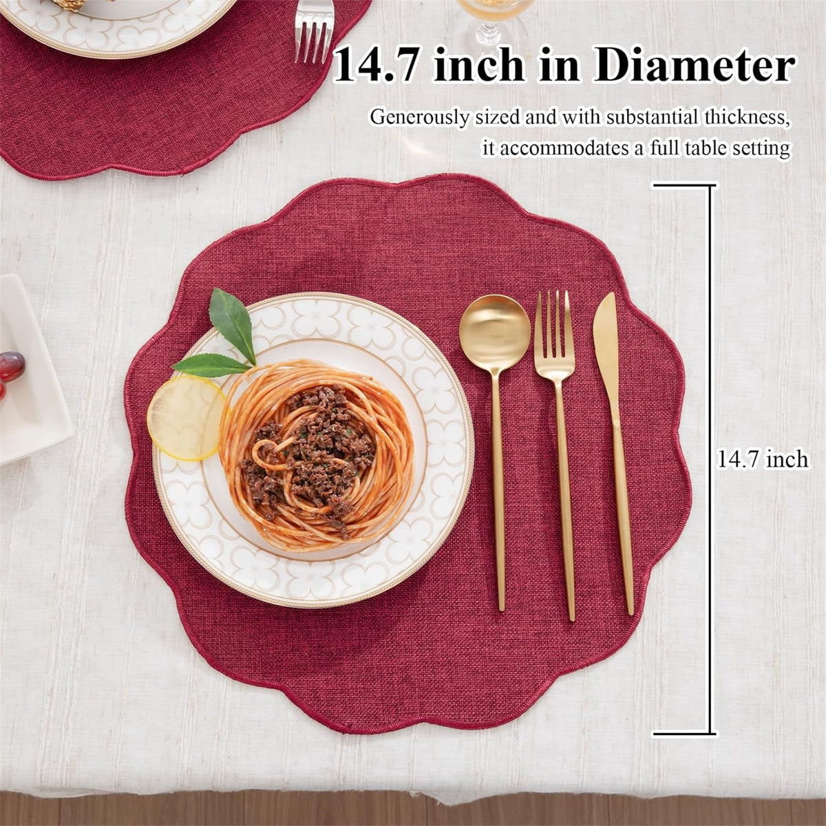 Ileading Scalloped Round Placemats Set of 6 Polyester Linen Blend Washable Non Slip Place Mats Easy Clean Heat Resistant Table Mats for Kitchen Dining Table Decor