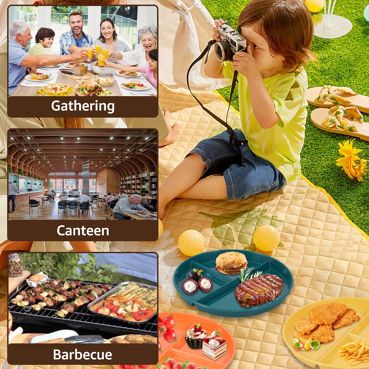 Evjurcn 6Pcs Divided Dinner Plates 3 Compartment Unbreakable Dinner Diet Plates Stackable Portion Control Dish Reusable Divider Plates Microwave Dishwasher Safe for Kids Adults Seniors