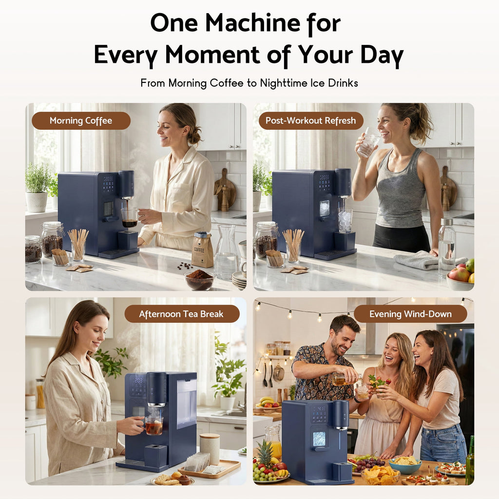 Flamemore 3-in-1 Countertop Water Dispenser w/Bullet Ice Maker, Coffee Brewer, Self-Cleaning UV Sterilization, Beverage Station for Home Office