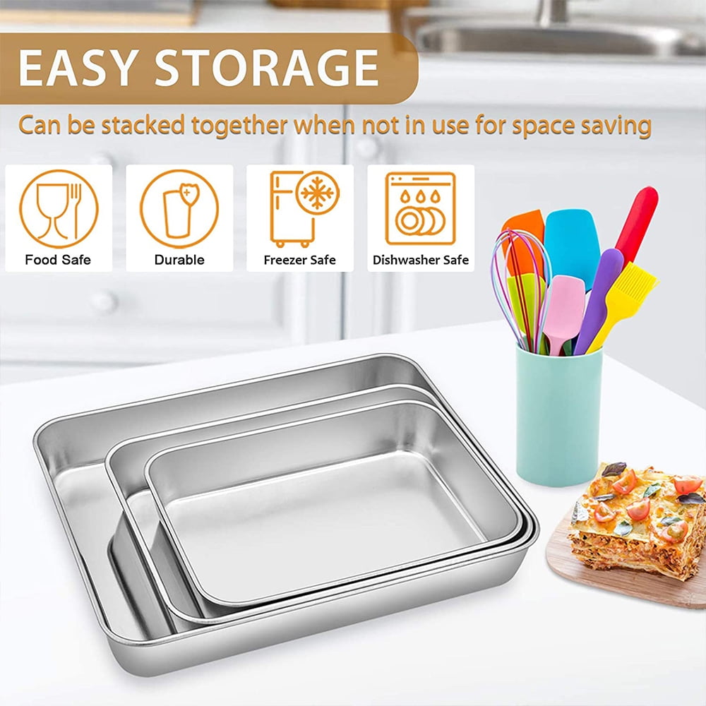 Baking Pans Set of 3, VeSteel Stainless Steel Sheet Cake Pan for Oven - 12.5/10.5/9.4Inch, Rectangle Bakeware Set for Cake Lasagna Brownie Casserole Cookie, Non-toxic & Healthy, Dishwasher Safe