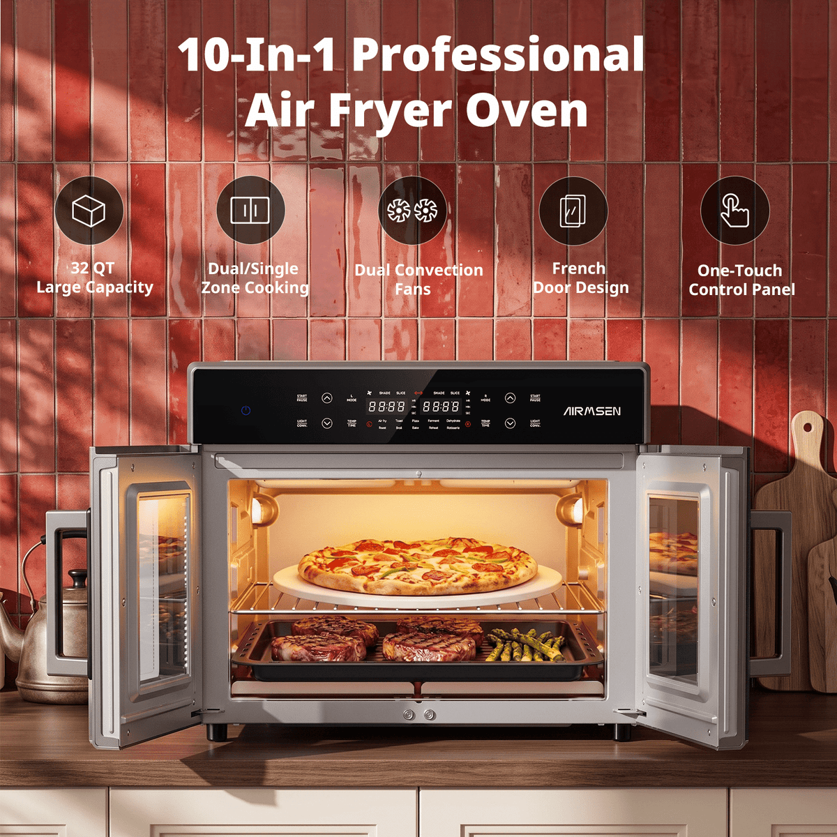 AIRMSEN 32 QT Dual Zone Air Fryer Toaster Oven Combo, 15 PCS Set, French Door Countertop Convection Oven, 1800W, 450°F Max Temp, Touchscreen, 360° Auto Rotisserie Spit, Bake, Broil, Roast