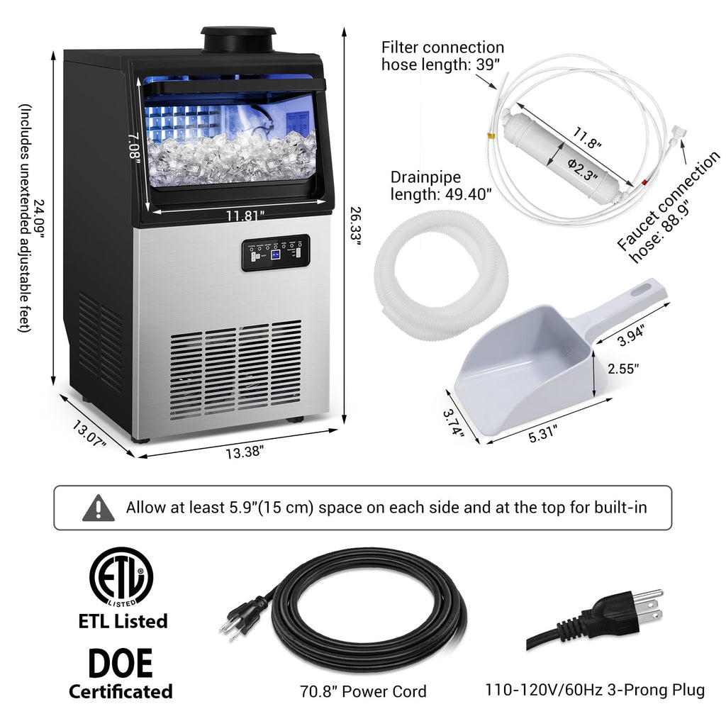 TITTLA Commercial Ice Maker 88Lbs/24H,Freestanding Built-in Ice Machine with 23 lbs Storage,5x9 Cubed Ice,Stainless Steel