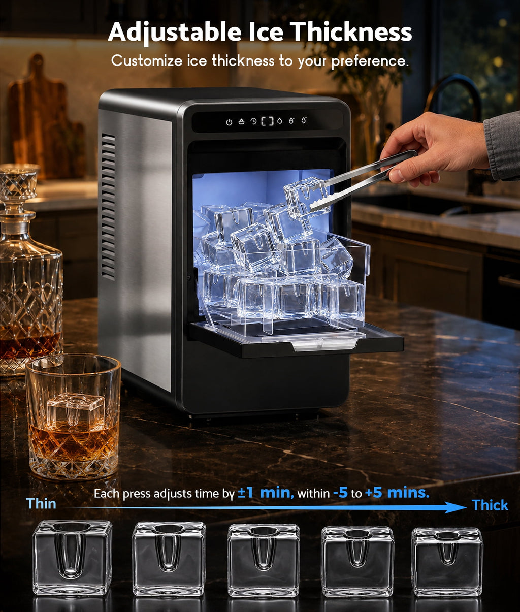 Flamemore Clear Countertop Ice Maker, 8 Crystal Clear 1.2" Large Craft Ice Cubes in 20 Mins, Portable Ice Machine with Self-Cleaning for Home Bar, Whiskey & Cocktails