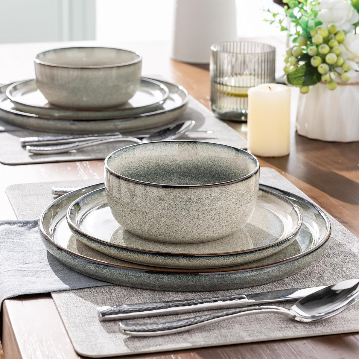 AmorArc Ceramic Dinnerware Sets for 4, 12 Pieces Stoneware Plates and Bowls Sets, Reactive Glaze Dishes -Scratch Resistant, Dishwasher&Microwave Safe, Space Blue (Service for 4)