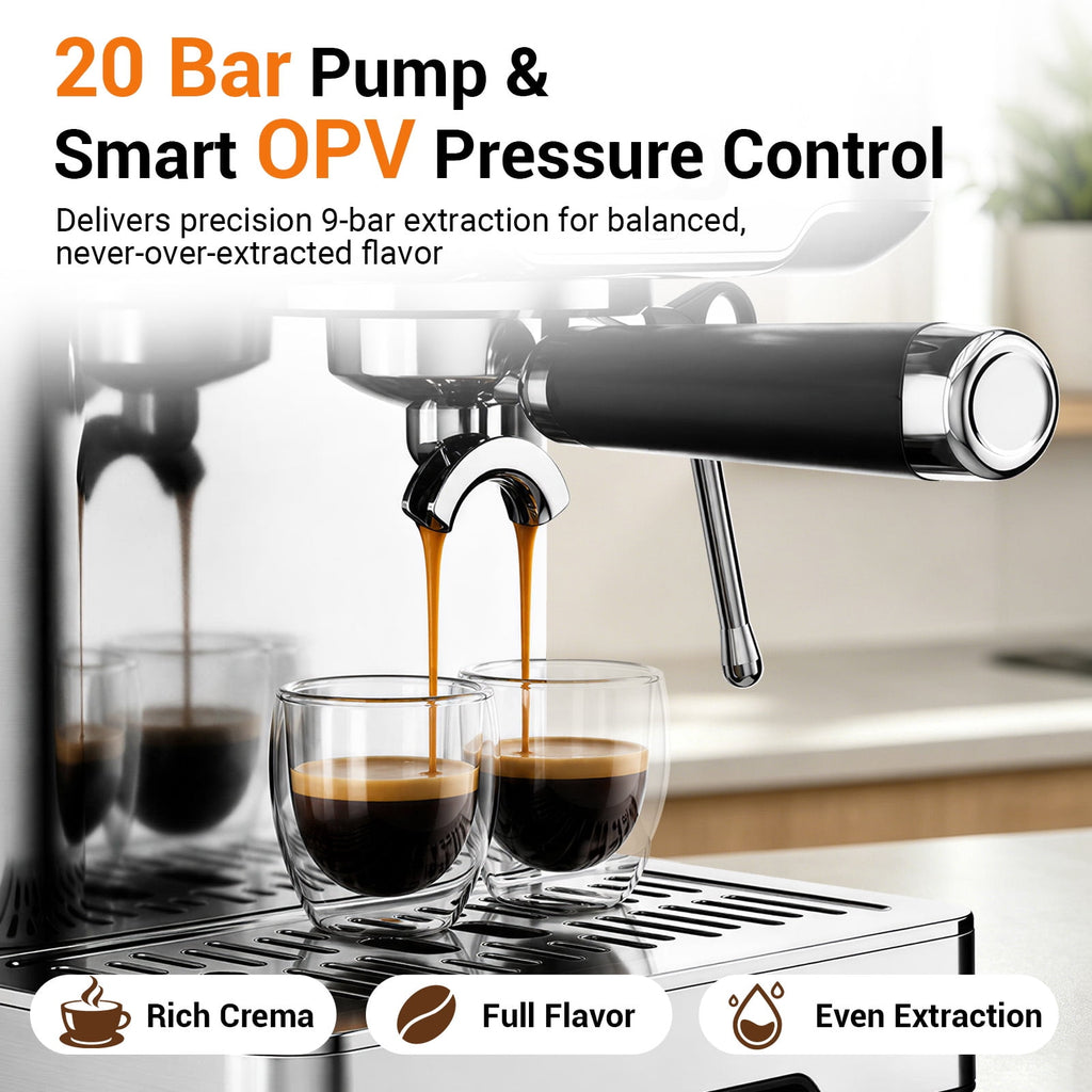 Ecojoy Espresso Machine, Barista Espresso Maker with Steam Wand | LCD Display, Custom Brew Temp, Latte & Cappuccino Machine, 20-Bar Pump, Powerful Steam Wand, 1.8L Removable Water Tank