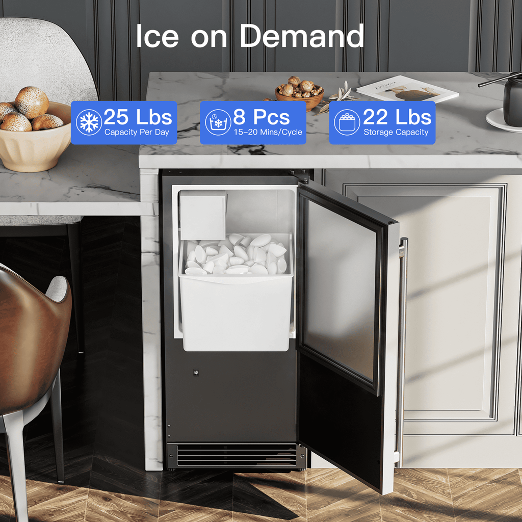 RIOXC 25 lbs/24H Crescent Ice Maker 15" Under Counter Machine with 22LBS Storage Bin No Drain Required for Home and Commercial Use, ETL