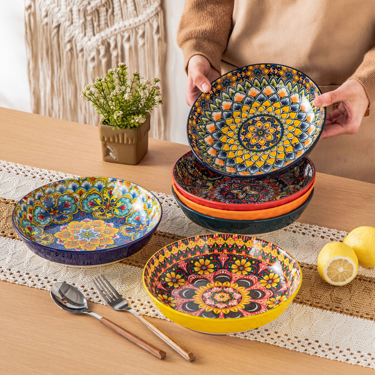 Vancasso Pasta Bowls, Ceramic 32 oz Dinner Bowls Set of 6, Bohemian Salad Bowls, Large Serving Bowls for Soup and Cereal, Microwave and Dishwasher Safe, Series LUMI