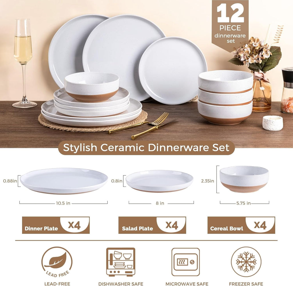 AmorArc Ceramic Dinnerware Sets for 4, 12 Pieces Handpainted Plates and Bowls Set with Rustic Terracotta Underside, Scratch Resistant Stoneware Dishes Set, Dishwasher & Microwave Safe,Light Beige