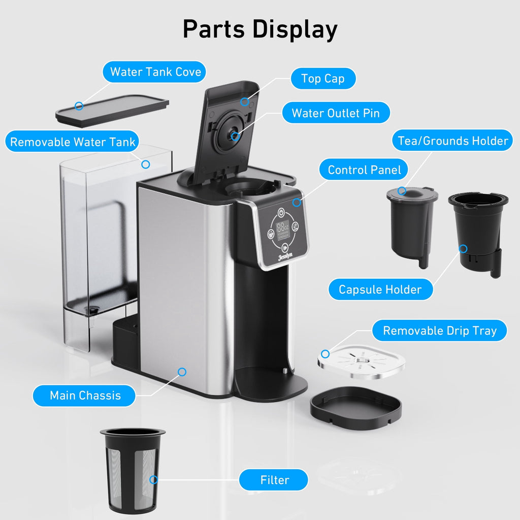 Jesslyn 3 in 1 Single Serve Coffee Maker: K Cup Coffee Machine Compatible with Grounds, Instant Coffee Pot, Tea Maker Brewer - Removable 50 oz Water Reservoir, 120V 1150W, Black