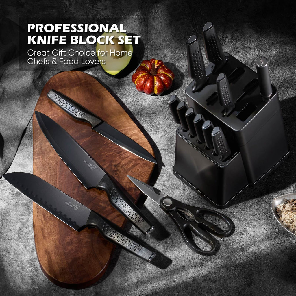 Vesteel Knife Block Set for Kitchen, 15-Piece High Carbon Stainless Steel Knives Set with Ergonomic Handle, Ultra-sharp & Rust Resistant, Walnut Brown