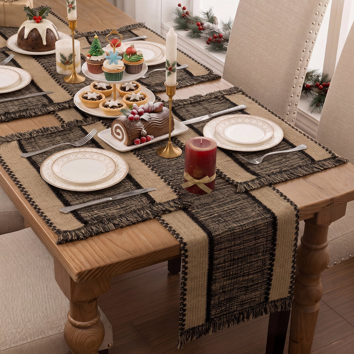 MeyJey Table Runner and Placemats Set of 4, Washable Fabric Rectangle Dining Table Mats with Tassels for Dining Tables, Kitchen, Red/Beige
