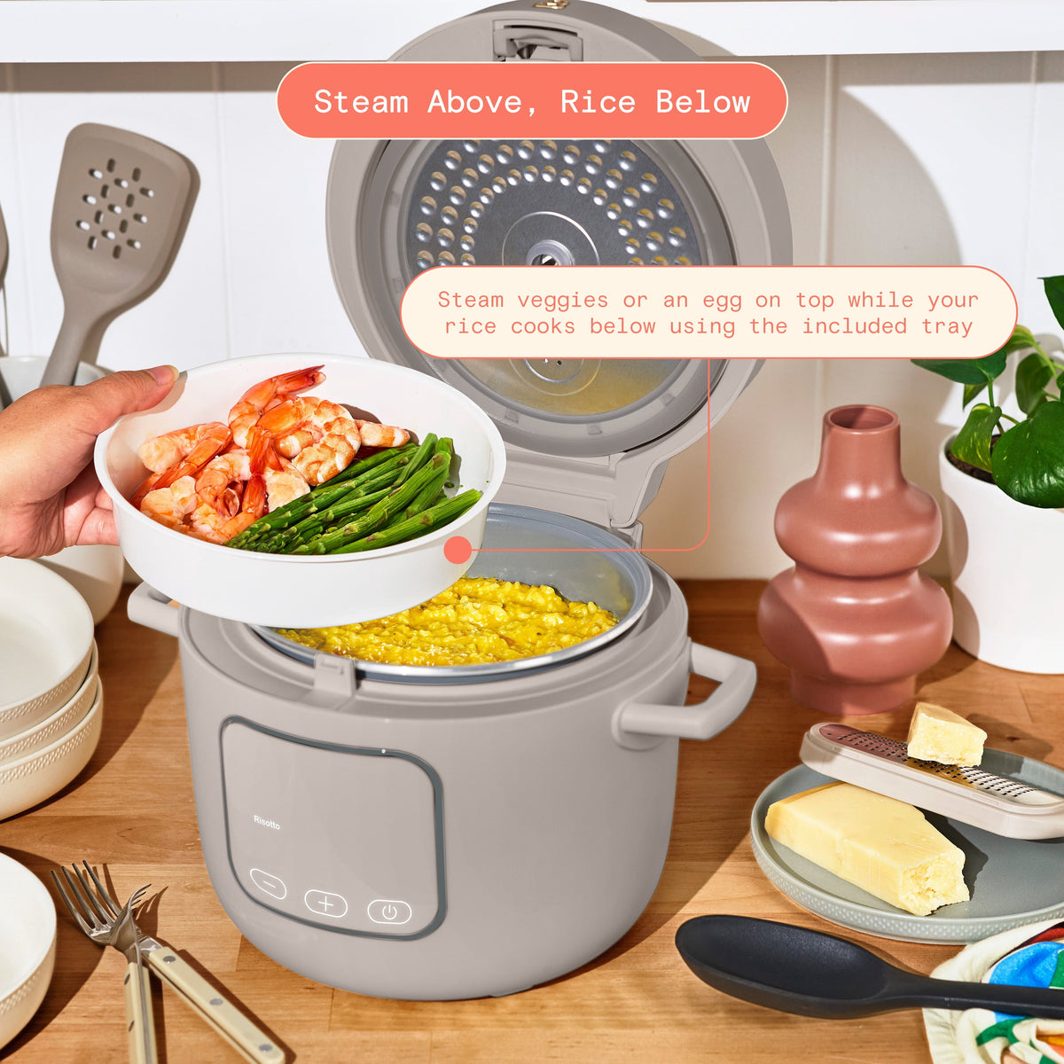Beautiful 14-Cup Cooked, 6-Cups Uncooked Electric Rice and Grain Cooker, EverGood Ceramic Nonstick Coating, Thyme Green by Drew Barrymore