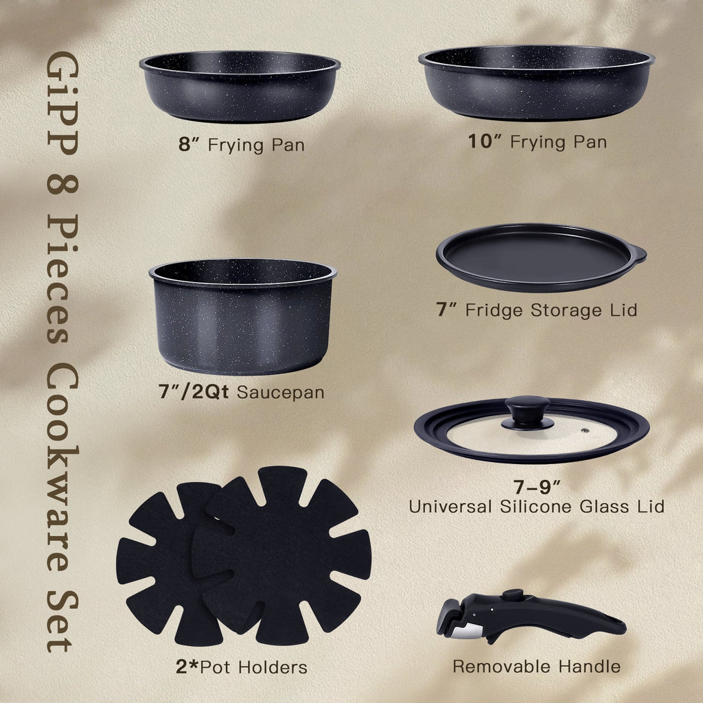 Gipp 11pcs Ceramic Cookware Sets, Pots and Pans Set Non Stick with Removable Handle, Oven & Dishwasher Safe,Induction Cookware