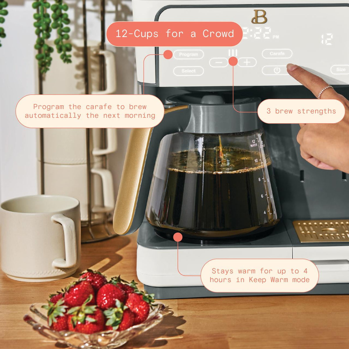 Beautiful by Drew Barrymore Multi-Brew 12-Cup Programmable Drip & Single-Serve Coffee Maker, White Icing
