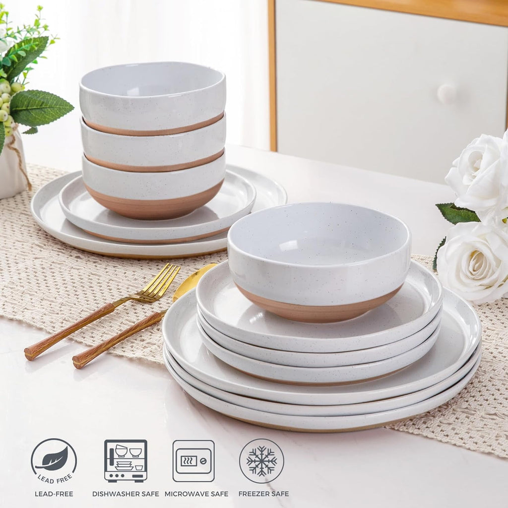 AmorArc Ceramic Dinnerware Sets for 4, 12 Pieces Handpainted Plates and Bowls Set with Rustic Terracotta Underside, Scratch Resistant Stoneware Dishes Set, Dishwasher & Microwave Safe,Light Beige