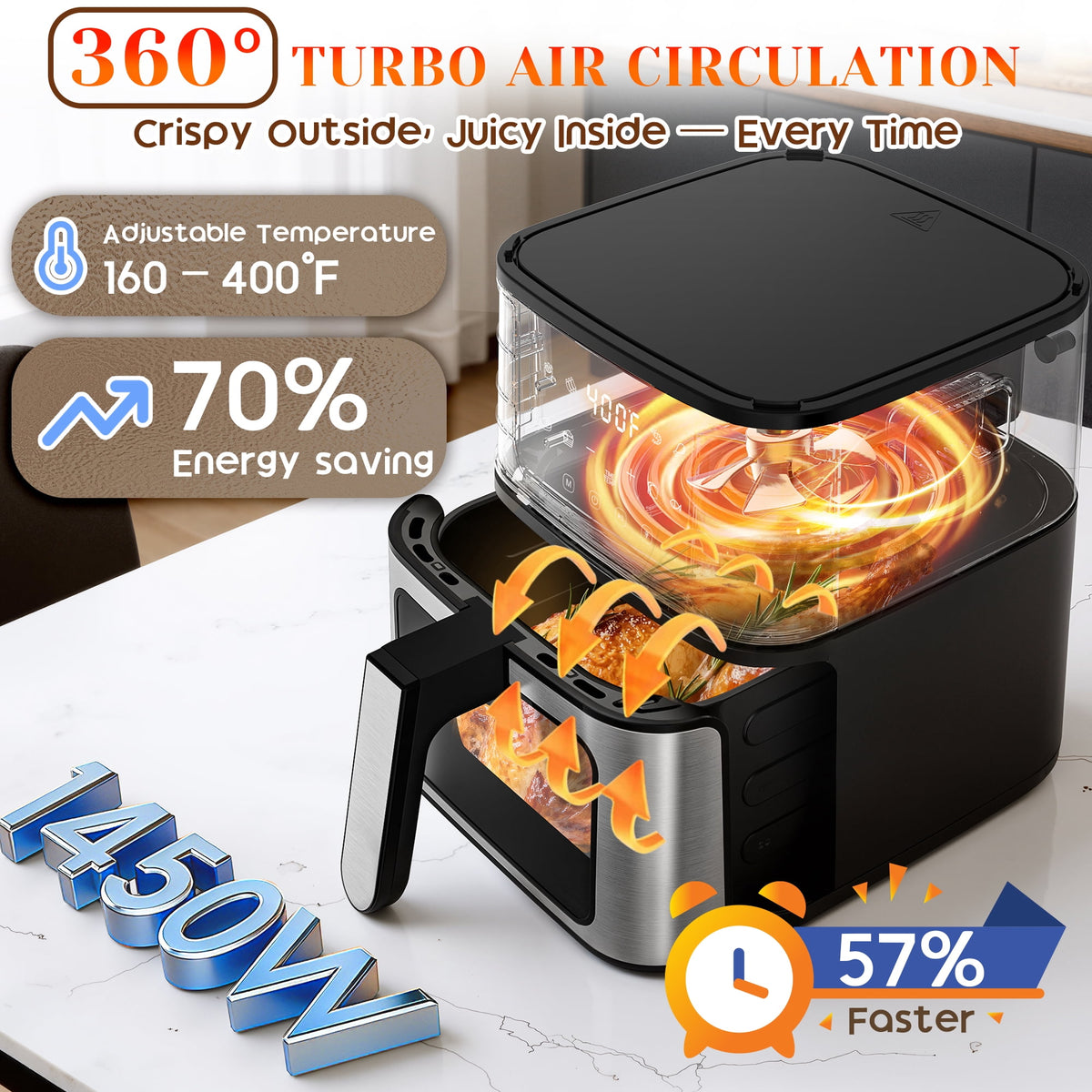 2-in-1 Air Fryer Grill Combo with Flip Plate, Viewing Window, 8 Presets, Nonstick Basket, 100 Liners Gift, Healthy Oil-Less Cooking for Family Meals